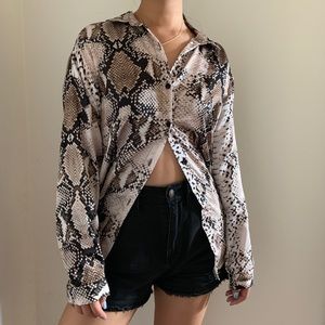 Rebellious Fashion Snake Print Satin Button Up Top